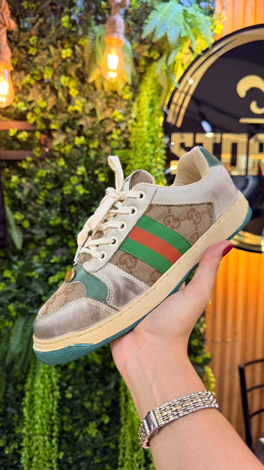 Tênis Gucci Casual Monograma Bege e Verde